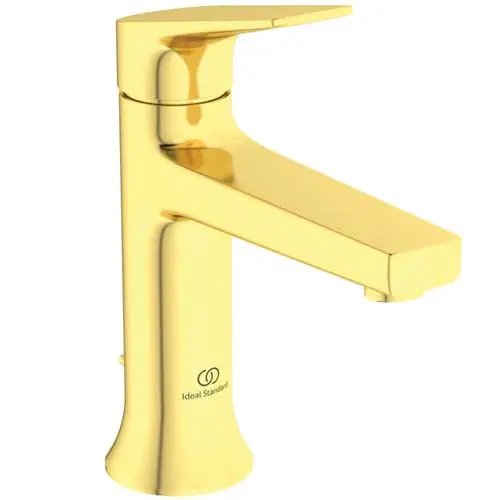 Waschtischarmatur in glänzendem Goldfinish, hergestellt von Ideal Standard. Mit einer klaren, geraden Wasserführung und einem Hebel zur Temperatureinstellung.
